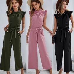 Diyun Cross-border Women's Clothing Amazon Casual short-sleeved solid color one-piece Pants 2024 Spring Flying Sleeve Top