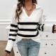 Diyun Amazon Cross-border 2024 Autumn/Winter Women's casual loose striped contrasting color lapel sweater top for women
