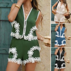 Diyun 2025 Spring/Summer Cross-border European and American Casual Bohemian Vacation color-blocking Vest and short Pants 2-piece Set for women