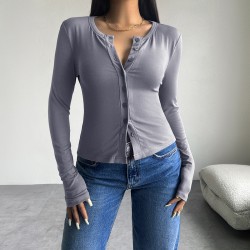 Diyun Cross-border Trade Amazon 2024 Autumn/Winter Women's Top Y2K Solid Color Slimming Cardigan Button Long-sleeved T-shirt