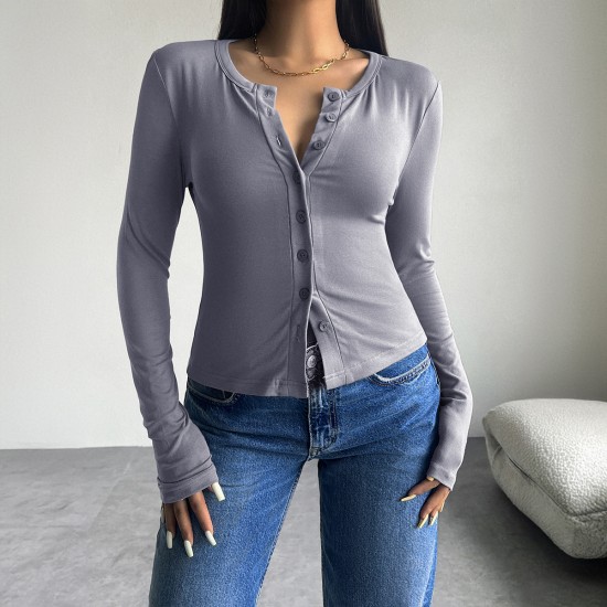 Diyun Cross-border Trade Amazon 2024 Autumn/Winter Women's Top Y2K Solid Color Slimming Cardigan Button Long-sleeved T-shirt Diyun Cross-border Trade Amazon 2024 Autumn/Winter Women's Top Y2K Solid Color Slimming Cardigan Button Long-sleeved T-shirt