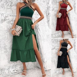 Diyun's European and American cross-border 2025 Spring/Summer stylish high-waisted, elegant cinched-waist, halter-neck, color-blocking slit dress for children