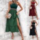 Diyun's European and American cross-border 2025 Spring/Summer stylish high-waisted, elegant cinched-waist, halter-neck, color-blocking slit dress for children
