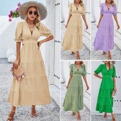 Diyun Amazon Cross-border European and American women's Clothing Spring/Summer 2024 export style solid color V-neck tie waist dress