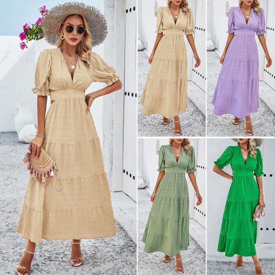 Diyun Amazon Cross-border European and American women's Clothing Spring/Summer 2024 export style solid color V-neck tie waist dress Diyun Amazon Cross-border European and American women's Clothing Spring/Summer 2024 export style solid color V-neck tie waist dress