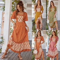 Di Yun's Spring/Summer 2025 European and American cross-border cotton printed dress, French printed vacation style square neck dress for women