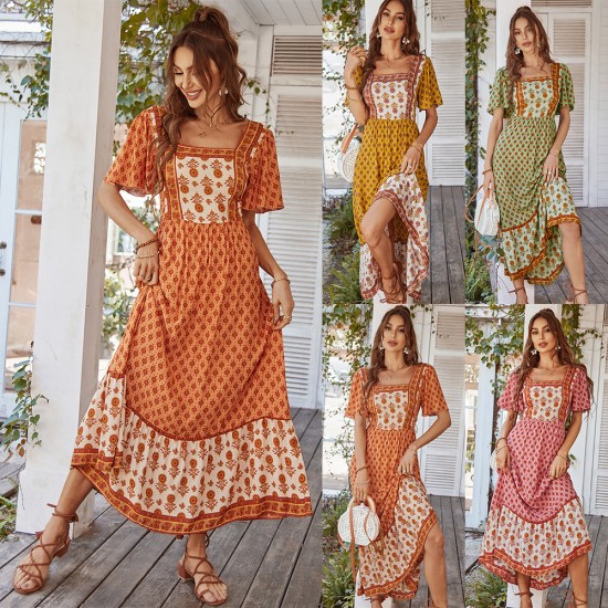 Di Yun's Spring/Summer 2025 European and American cross-border cotton printed dress, French printed vacation style square neck dress for women Di Yun's Spring/Summer 2025 European and American cross-border cotton printed dress, French printed vacation style square neck dress for women