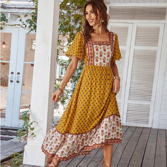 Di Yun's Spring/Summer 2025 European and American cross-border cotton printed dress, French printed vacation style square neck dress for women Di Yun's Spring/Summer 2025 European and American cross-border cotton printed dress, French printed vacation style square neck dress for women