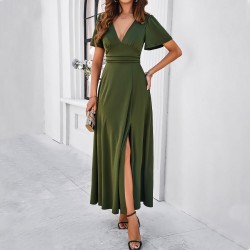 Diyun European and American women's clothing cross-border trade Spring/Summer 2024 Elegant and fitted solid color V-neck slit dress