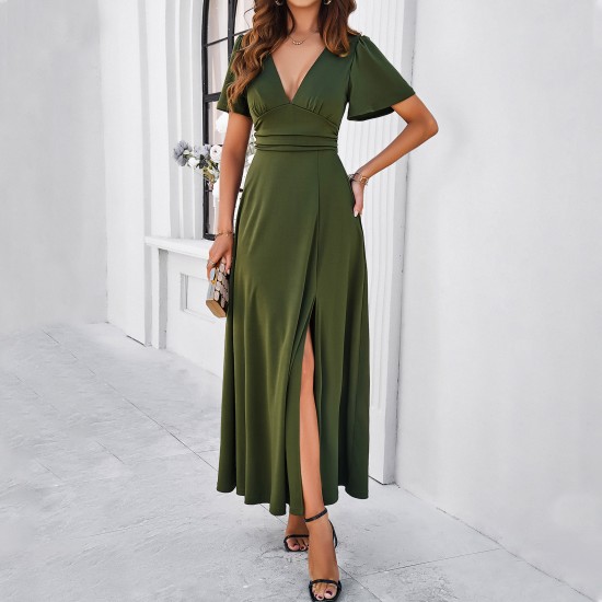 Diyun European and American women's clothing cross-border trade Spring/Summer 2024 Elegant and fitted solid color V-neck slit dress Diyun European and American women's clothing cross-border trade Spring/Summer 2024 Elegant and fitted solid color V-neck slit dress