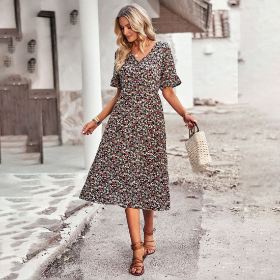 Diyun independently developed and designed a printed V-neck short-sleeved vacation dress for summer 2025 European and American women's clothing export Diyun independently developed and designed a printed V-neck short-sleeved vacation dress for summer 2025 European and American women's clothing export
