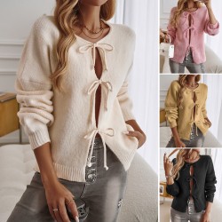 Diyun Cross-border 2024 Autumn/Winter Amazon European and American top Women's casual loose cardigan Tie solid color sweater