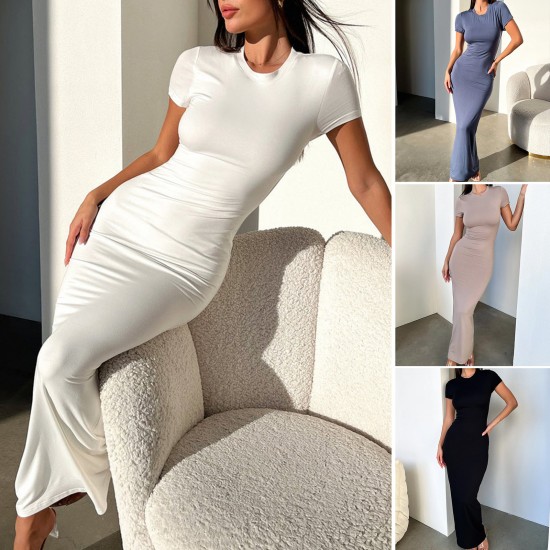 Diyun Cross-border Amazon European and American Women's Clothing 2024 Spring/Summer Export Solid color elegant Slimming short-sleeved dress Diyun Cross-border Amazon European and American Women's Clothing 2024 Spring/Summer Export Solid color elegant Slimming short-sleeved dress