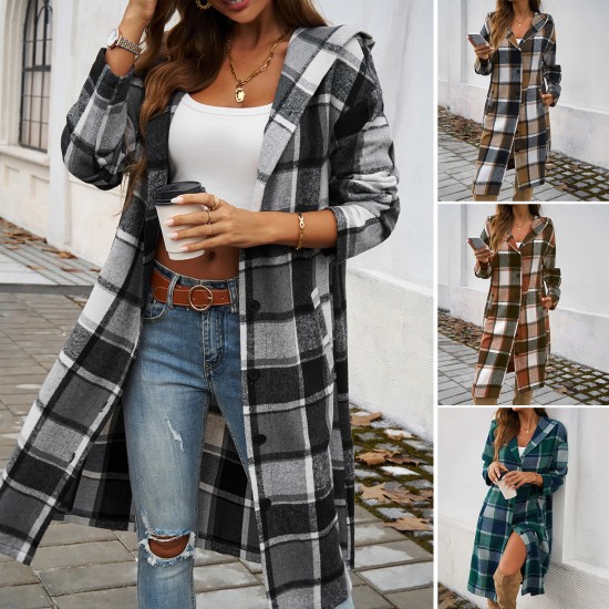 Diyun Cross-border Trade Amazon Europe and America 2024 Autumn/Winter Women's Casual Loose, color-blocking button-down hooded jacket Diyun Cross-border Trade Amazon Europe and America 2024 Autumn/Winter Women's Casual Loose, color-blocking button-down hooded jacket