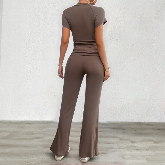Diyun Cross-border Foreign Trade Women's Clothing Amazon Spring/Summer 2024 Casual Solid Color Slim Short-sleeved and long Pants Set Diyun Cross-border Foreign Trade Women's Clothing Amazon Spring/Summer 2024 Casual Solid Color Slim Short-sleeved and long Pants Set