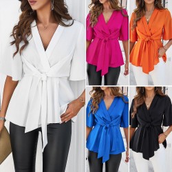 Diyun Amazon Cross-border Trade Women's Clothing Spring/Summer 2024 V-neck solid color elegant five-quarter sleeve lace-up waist top