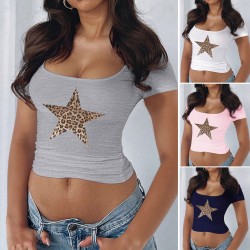 Di Yun's 2025 Spring/Summer European and American top Y2K sexy and slimming U-neck, crop top, cinched waist, printed five-pointed star short-sleeved T-shirt