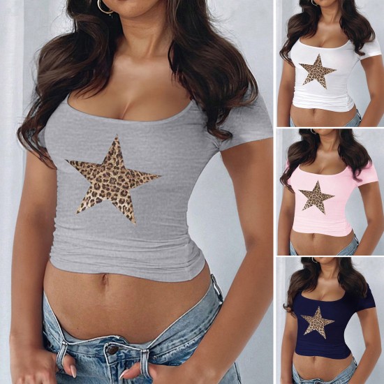 Di Yun's 2025 Spring/Summer European and American top Y2K sexy and slimming U-neck, crop top, cinched waist, printed five-pointed star short-sleeved T-shirt Di Yun's 2025 Spring/Summer European and American top Y2K sexy and slimming U-neck, crop top, cinched waist, printed five-pointed star short-sleeved T-shirt