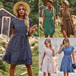 Self-developed and designed Amazon round-neck casual dress for summer 2023 with a lace-up and cinched waist