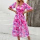 Diyun's European and American dress women's Amazon Spring/Summer 2024 vacation print waist-waist V-neck chiffon short-sleeved long dress