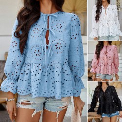Diyun European and American Cross-border 2025 Spring/Summer Casual Vacation Loose lace-up cardigan Solid Color Cutout top Women's shirt