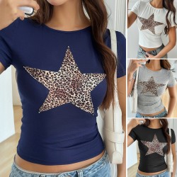 Diyun Cross-border 2025 Spring/Summer Top: European and American Y2K sexy waist-cinched leopard print round-neck short-sleeved women's T-shirt