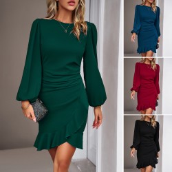 Diyun's new Spring/Summer 2025 European and American foreign trade women's clothing, Amazon Independent Station, elegant puffed sleeve solid color dress