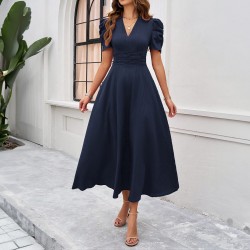 Diyun Cross-border 2025 Spring/Summer elegant solid-color high-waisted V-neck solid-color short-sleeved dress for children