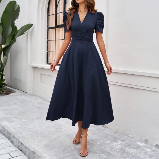 Diyun Cross-border 2025 Spring/Summer elegant solid-color high-waisted V-neck solid-color short-sleeved dress for children