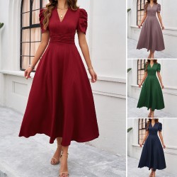 Diyun Cross-border 2025 Spring/Summer elegant solid-color high-waisted V-neck solid-color short-sleeved dress for children