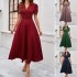 Diyun Cross-border 2025 Spring/Summer elegant solid-color high-waisted V-neck solid-color short-sleeved dress for children