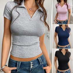 Diyun Cross-border 2025 Spring/Summer European and American Women's Clothing Amazon Casual Slimming Crop Top Y2K Knitted Short-sleeved bm top