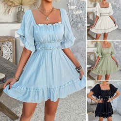 Diyun Cross-border 2025 Spring/Summer European and American casual vacation style solid-color black ear-trimmed short-sleeved dress, children's short skirt