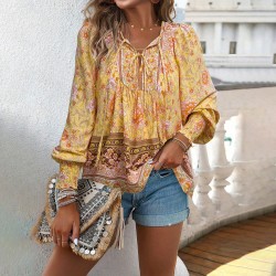 Diyun European and American Cross-border 2025 Spring/Summer Bohemian Vacation Style Cotton print Tie long-sleeved shirt for women