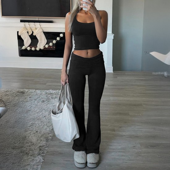 Diyun Cross-border 2025 Spring/Summer European and American Y2K Casual Sporty Style Solid color knitted vest long Pants Set Women's Clothing Diyun Cross-border 2025 Spring/Summer European and American Y2K Casual Sporty Style Solid color knitted vest long Pants Set Women's Clothing