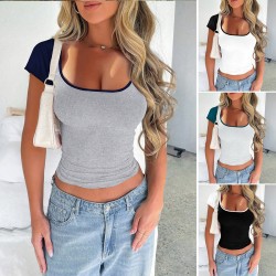Diyun Amazon Spring/Summer 2025 Cross-border European and American Y2K sexy Slimming U-neck contrasting color short-sleeved top women's T-shirt
