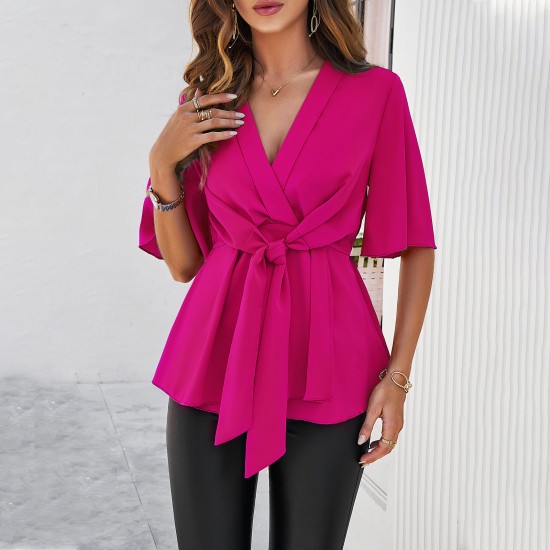 Diyun Amazon Cross-border Trade Women's Clothing Spring/Summer 2024 V-neck solid color elegant five-quarter sleeve lace-up waist top Diyun Amazon Cross-border Trade Women's Clothing Spring/Summer 2024 V-neck solid color elegant five-quarter sleeve lace-up waist top