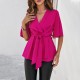 Diyun Amazon Cross-border Trade Women's Clothing Spring/Summer 2024 V-neck solid color elegant five-quarter sleeve lace-up waist top Diyun Amazon Cross-border Trade Women's Clothing Spring/Summer 2024 V-neck solid color elegant five-quarter sleeve lace-up waist top