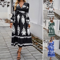 Diyun Cross-border 2024 Autumn/Winter Amazon European and American foreign Trade Women's Wear, elegant color-blocking printed V-neck long-sleeved dress
