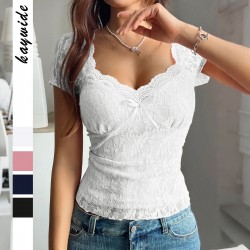Diyun Cross-border European and American Hot Girl Sexy style lace short-sleeved women's T-shirt Women's clothing 2025 Spring/Summer Amazon Independent Station
