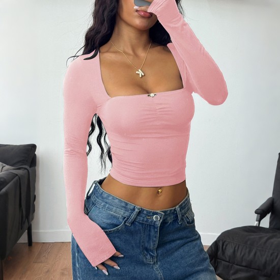 Diyun Cross-border European and American Y2K Spicy Girl style solid color long-sleeved base layer T-shirt women's clothing 2025 Summer Amazon Independent Store