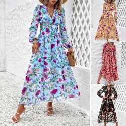 Diyun Cross-border European and American women's clothing Amazon Spring/Summer 2025 Foreign Trade vacation Casual color-blocking printed V-neck dress