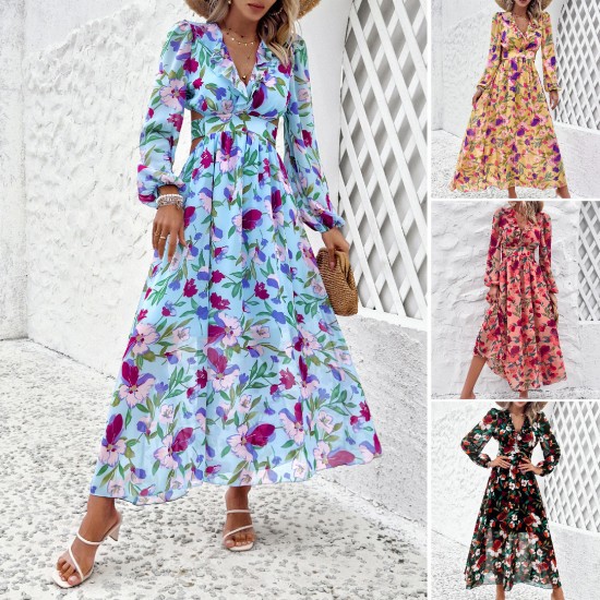 Diyun Cross-border European and American women's clothing Amazon Spring/Summer 2025 Foreign Trade vacation Casual color-blocking printed V-neck dress Diyun Cross-border European and American women's clothing Amazon Spring/Summer 2025 Foreign Trade vacation Casual color-blocking printed V-neck dress