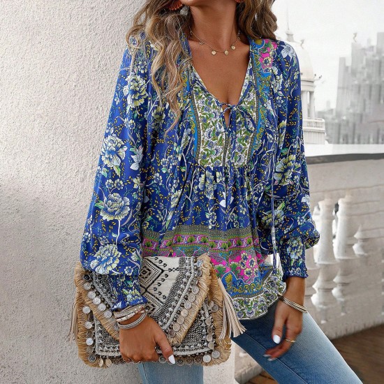 Diyun European and American Cross-border 2025 Spring/Summer Bohemian Vacation Style Cotton print Tie long-sleeved shirt for women Diyun European and American Cross-border 2025 Spring/Summer Bohemian Vacation Style Cotton print Tie long-sleeved shirt for women