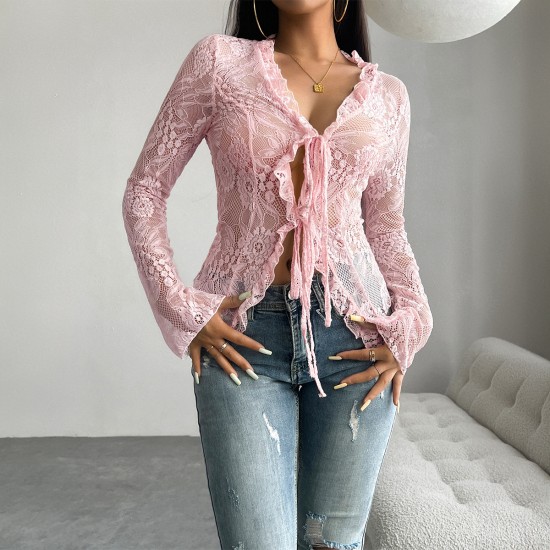 Diyun Cross-border Foreign Trade Women's Top Independent Station 2024 Spring/Summer Sexy and Fitted Long-sleeved Lace Trim top Diyun Cross-border Foreign Trade Women's Top Independent Station 2024 Spring/Summer Sexy and Fitted Long-sleeved Lace Trim top