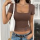 Diyun 2025 Spring/Summer Cross-border European and American Women's top Y2K Sexy Solid Color U-neck lace patchwork bm short-sleeved T-shirt