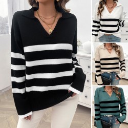Diyun Amazon Cross-border 2024 Autumn/Winter Women's casual loose striped contrasting color lapel sweater top for women