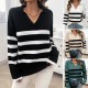 Diyun Amazon Cross-border 2024 Autumn/Winter Women's casual loose striped contrasting color lapel sweater top for women