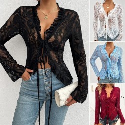 Diyun Cross-border Foreign Trade Women's Top Independent Station 2024 Spring/Summer Sexy and Fitted Long-sleeved Lace Trim top