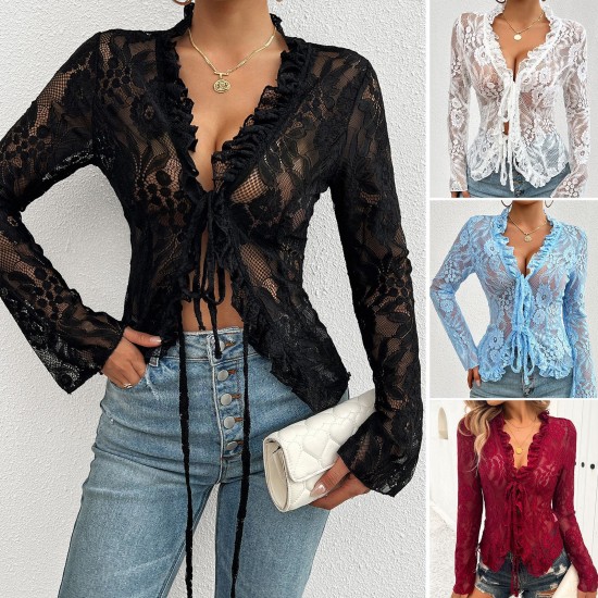 Diyun Cross-border Foreign Trade Women's Top Independent Station 2024 Spring/Summer Sexy and Fitted Long-sleeved Lace Trim top Diyun Cross-border Foreign Trade Women's Top Independent Station 2024 Spring/Summer Sexy and Fitted Long-sleeved Lace Trim top